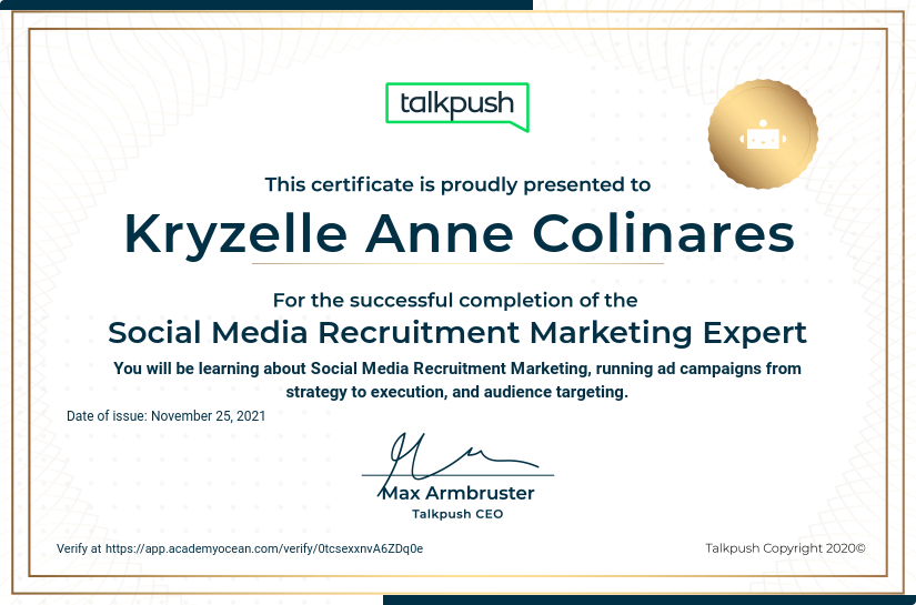 Talkpush certificate: Social Media Recruitment Marketing Expert