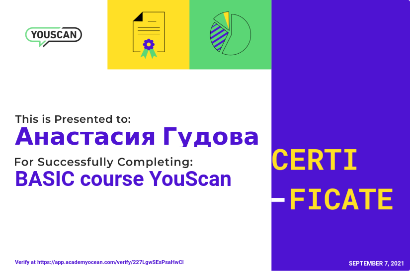 YouScan certificate: Basic. How to create reports and set up integrations
