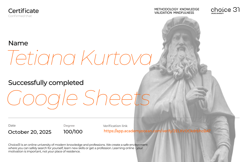 Choice31 certificate: Google Sheets