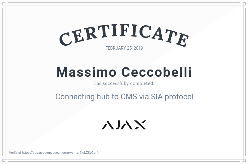 Ajax Systems EN certificate: Connecting hub to CMS via SIA protocol