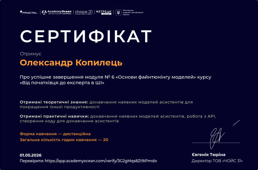 Від початківця до експерта в ШІ certificate: Основи файнтюнінгу моделей ШІ