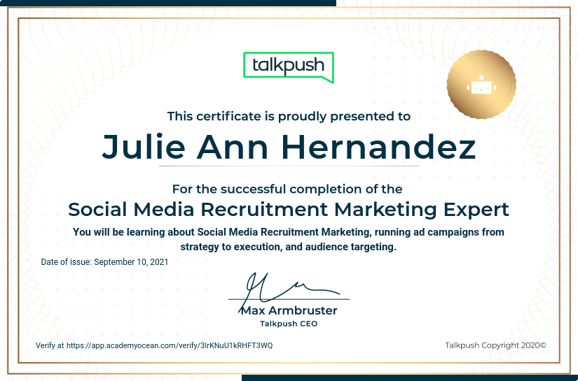 Talkpush certificate: Social Media Recruitment Marketing Expert