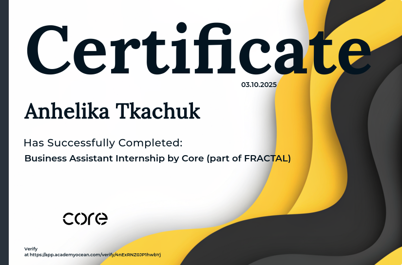 Інтернатура Бізнес-асистентів certificate: Business Assistant Internship by Core (part of FRACTAL)