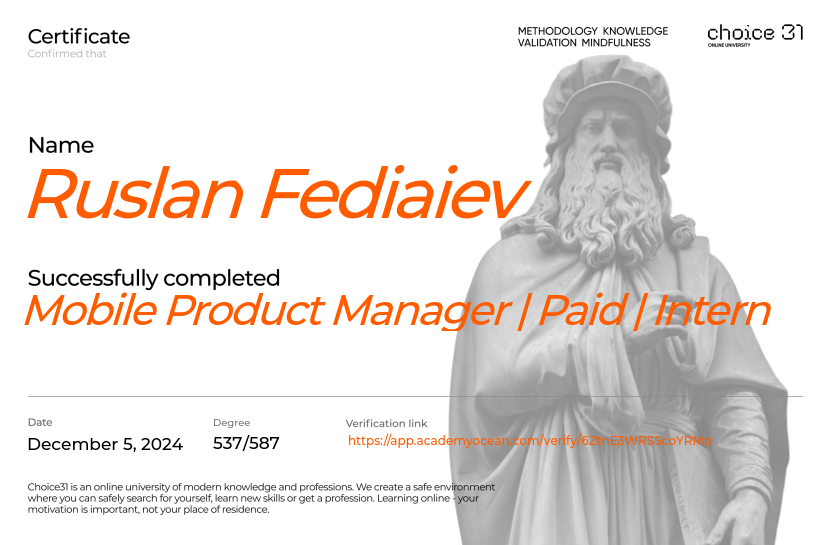 Choice31 certificate: Mobile Product Manager | Paid | Intern