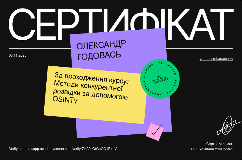YouControl Академія certificate: Методи конкурентної розвідки за допомогою OSINTу