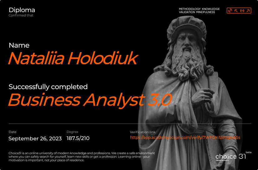 Choice31 certificate: Business Analyst 3.0