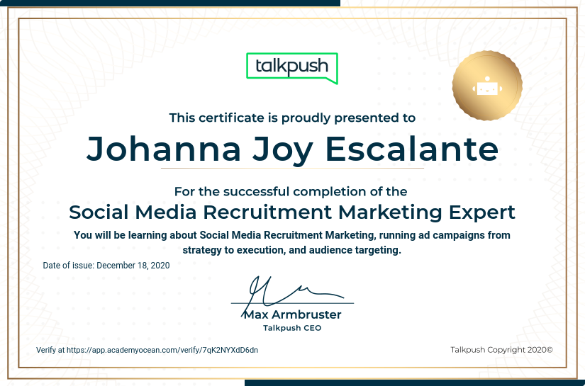 Talkpush certificate: Social Media Recruitment Marketing Expert