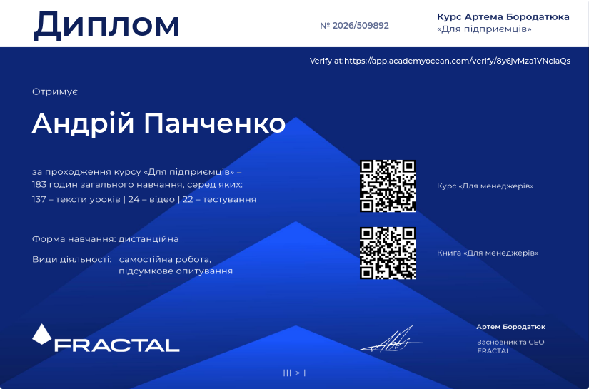 Для підприємців – курс від Артема Бородатюка certificate: Отримати диплом