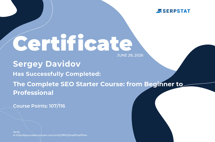 Serpstat certificate: Complete SEO Course: Certification