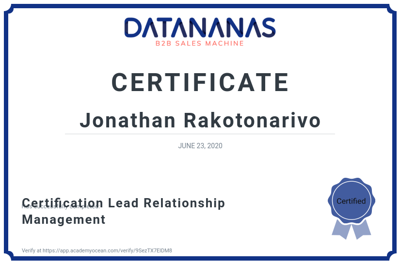 academy certificate: Certification Lead Relationship Management