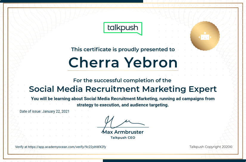Talkpush certificate: Social Media Recruitment Marketing Expert