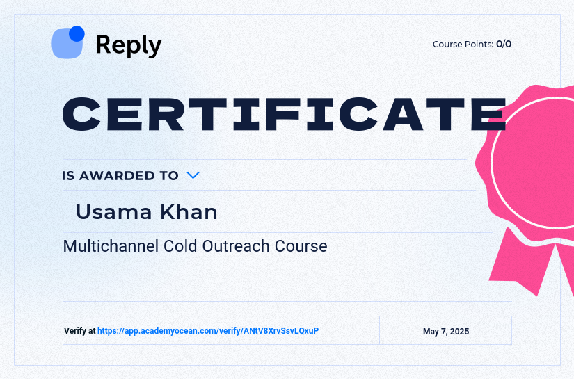 Reply certificate: AI-Native Multichannel Outreach Course
