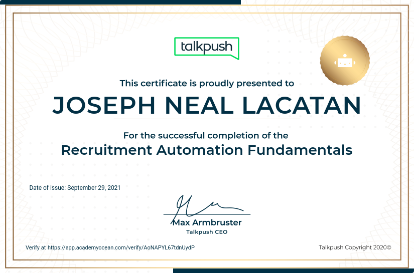 Talkpush certificate: Recruitment Automation Fundamentals