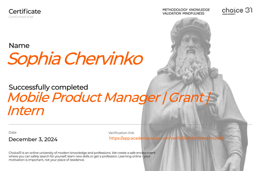 Choice31 certificate: Mobile Product Manager | Grant | Intern