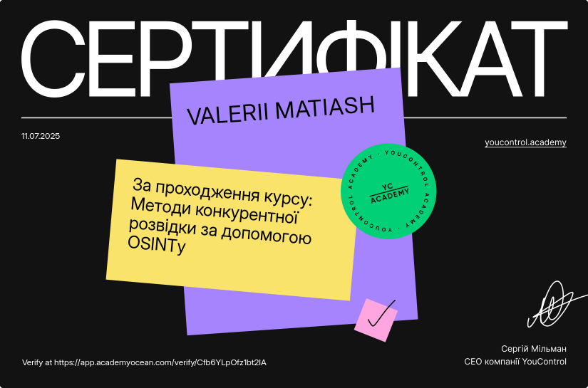 YouControl Академія certificate: Методи конкурентної розвідки за допомогою OSINTу
