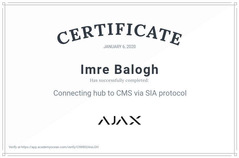 Ajax Systems EN certificate: Connecting hub to CMS via SIA protocol