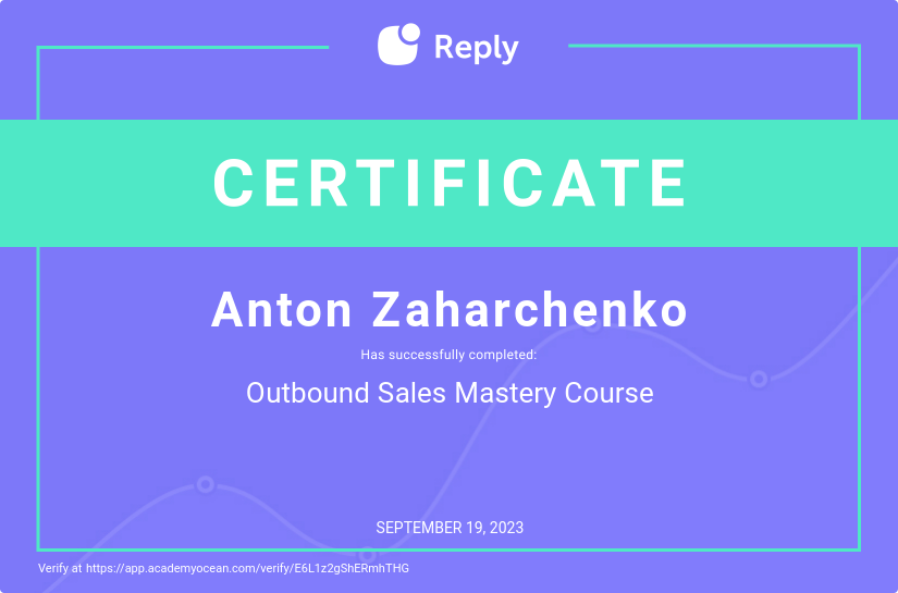Reply certificate: Outbound Sales Mastery Course