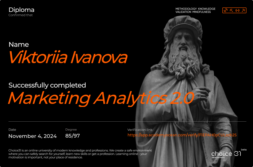 Choice31 certificate: Marketing Analytics 2.0