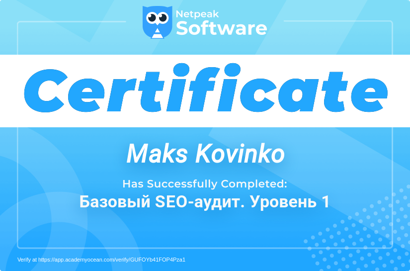 Netpeak Software certificate: Базовый SEO-аудит. Уровень 1