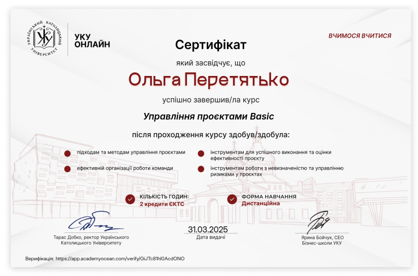 УКУ Онлайн certificate: АС-24 Управління проєктами Basic