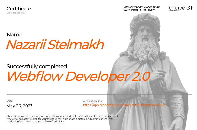 Choice31 certificate: Webflow Developer 2.0