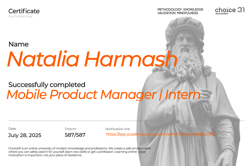 Choice31 certificate: Mobile Product Manager | Intern
