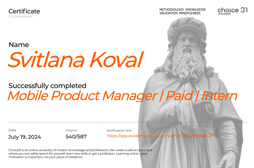Choice31 certificate: Mobile Product Manager | Paid | Intern