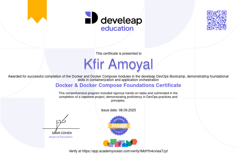 Develeap certificate: Docker & Docker Compose Foundations Certificate
