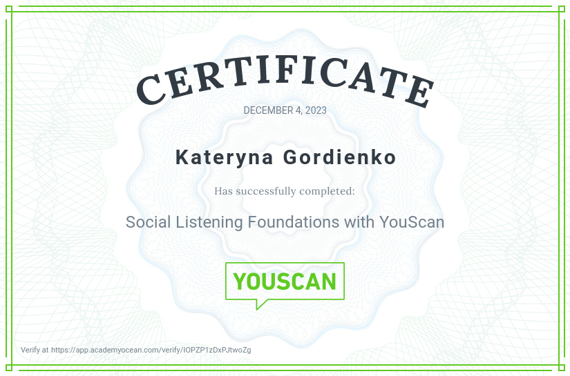 YouScan certificate: Social Listening Foundations with YouScan