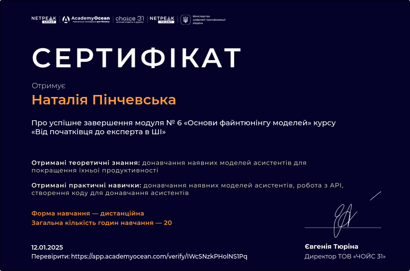 Від початківця до експерта в ШІ certificate: Основи файнтюнінгу моделей ШІ