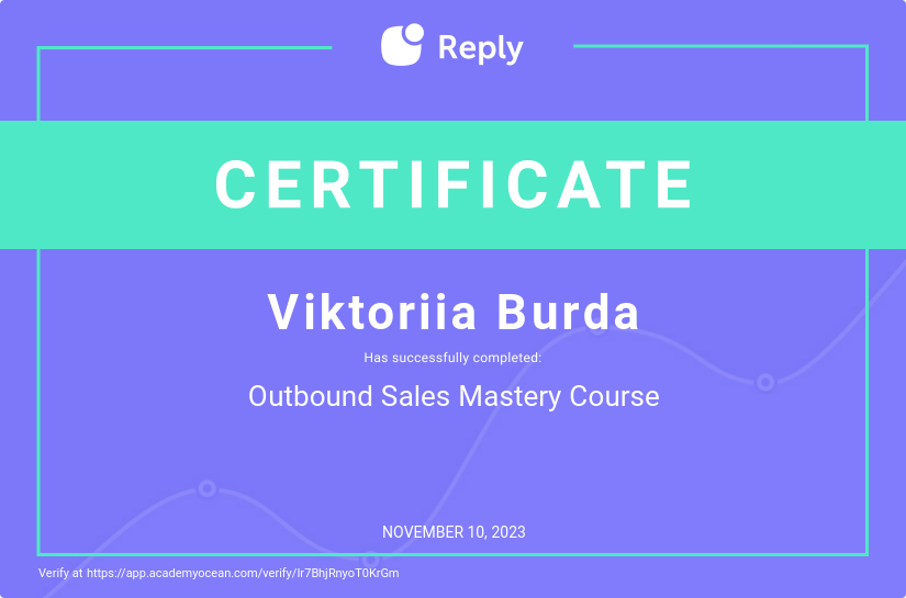 Reply certificate: Outbound Sales Mastery Course