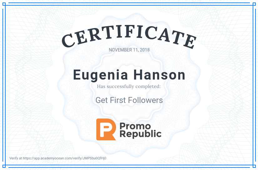 PromoRepublic certificate: Get First Followers
