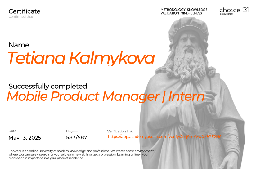 Choice31 certificate: Mobile Product Manager | Intern