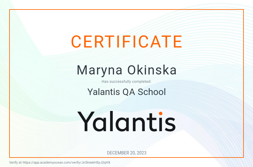 Yalantis Education certificate: Yalantis QA School