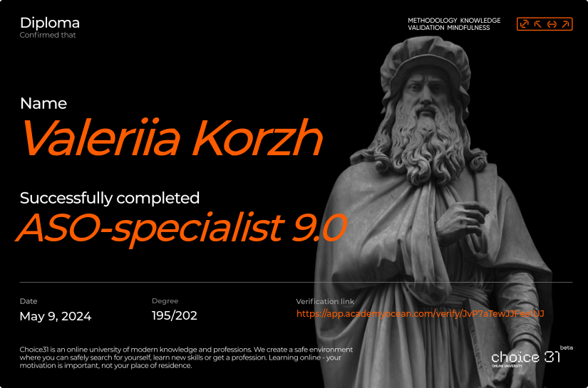 Choice31 certificate: ASO-specialist 9.0