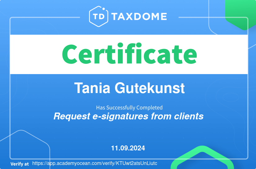 TaxDome Academy certificate: Request e-signatures