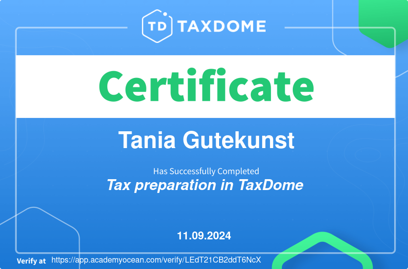 TaxDome Academy certificate: Tax preparation in TaxDome