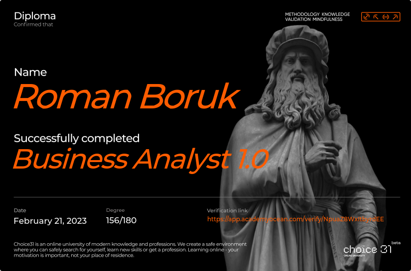 Choice31 certificate: Business Analyst 1.0