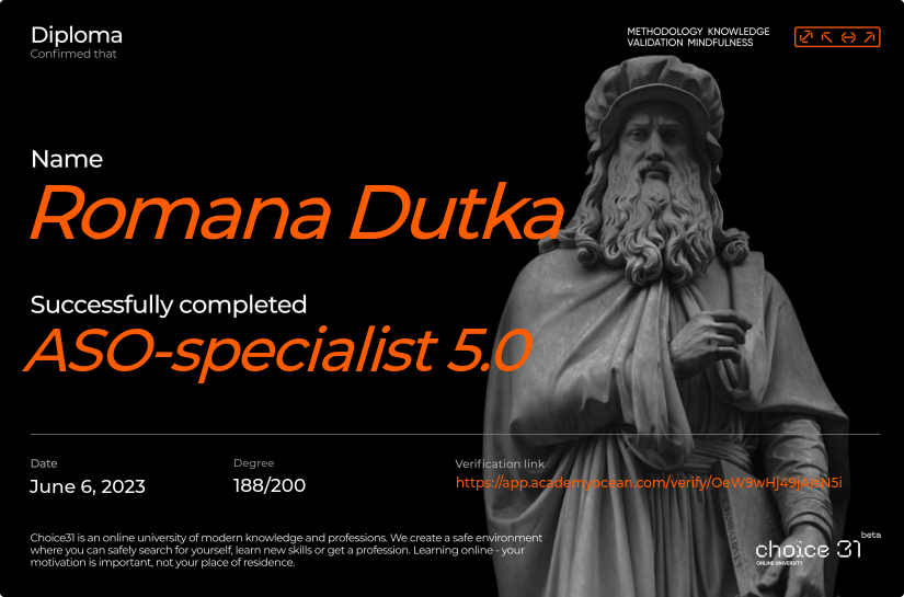 Choice31 certificate: ASO-specialist 5.0