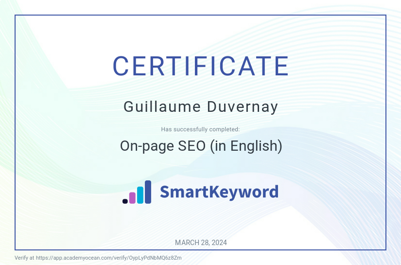 SmartKeyword certificate: On-page SEO (in English)