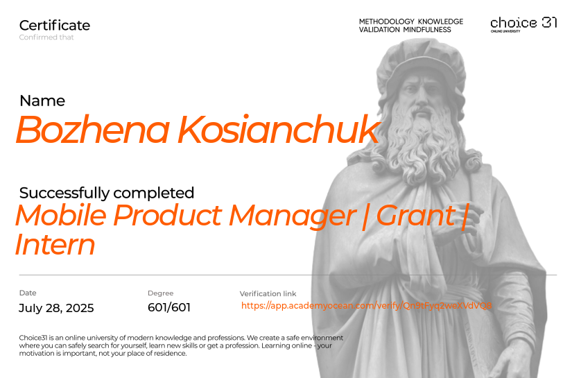 Choice31 certificate: Mobile Product Manager | Grant | Intern