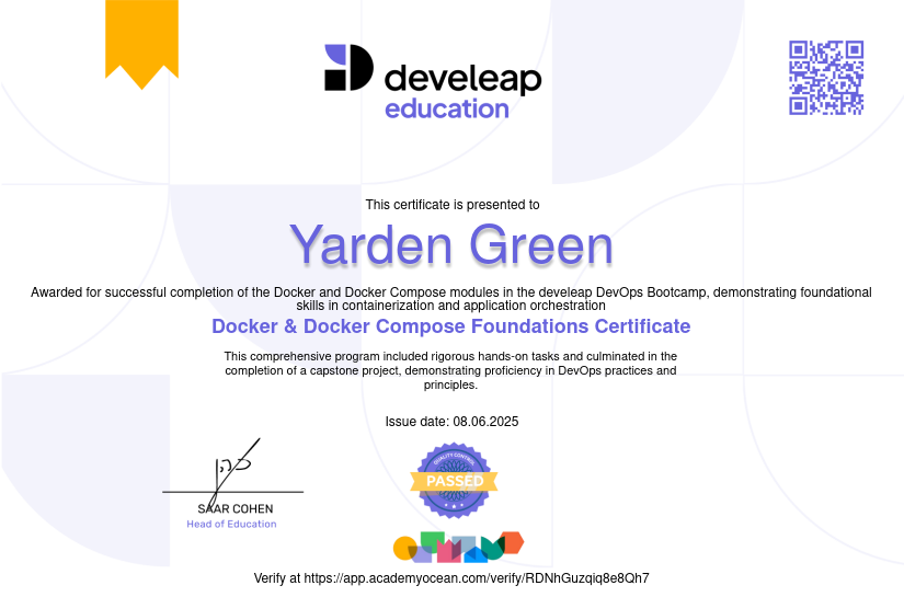 Develeap certificate: Docker & Docker Compose Foundations Certificate