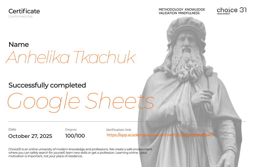 Choice31 certificate: Google Sheets