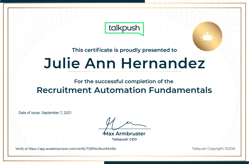 Talkpush certificate: Recruitment Automation Fundamentals