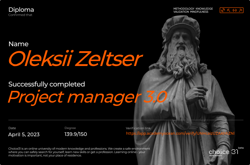 Choice31 certificate: Project manager 10.0