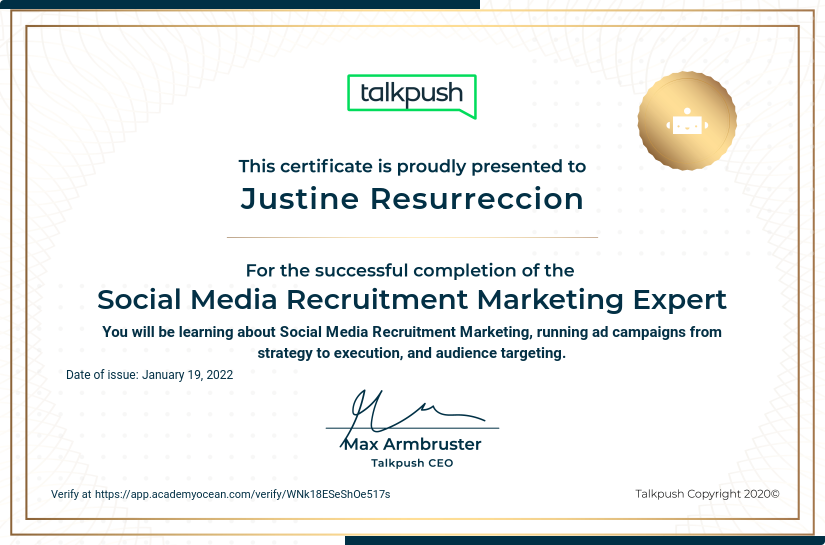 Talkpush certificate: Social Media Recruitment Marketing Expert