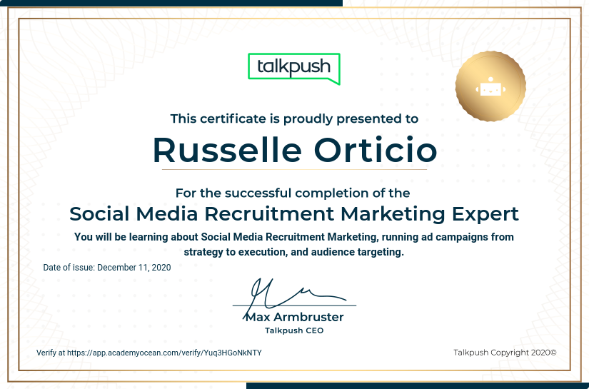 Talkpush certificate: Social Media Recruitment Marketing Expert