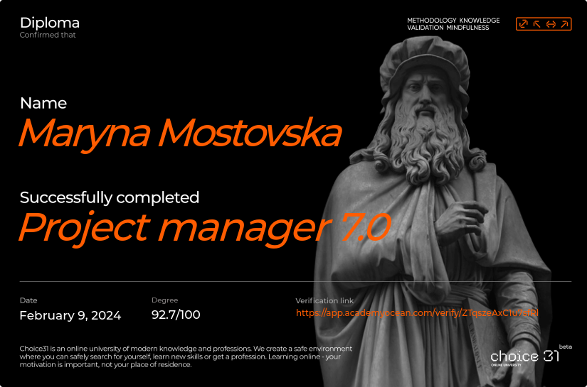 Choice31 certificate: Project manager 10.0