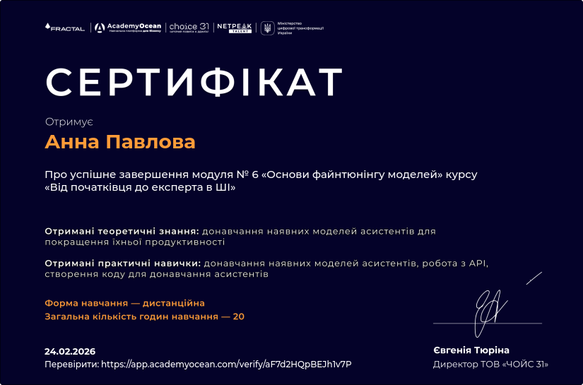 Від початківця до експерта в ШІ certificate: Основи файнтюнінгу моделей ШІ