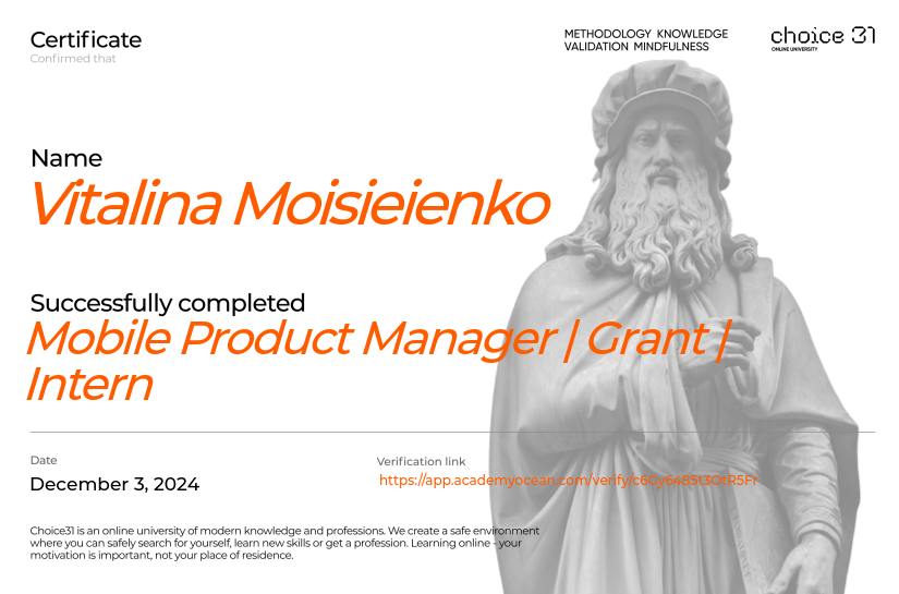 Choice31 certificate: Mobile Product Manager | Grant | Intern